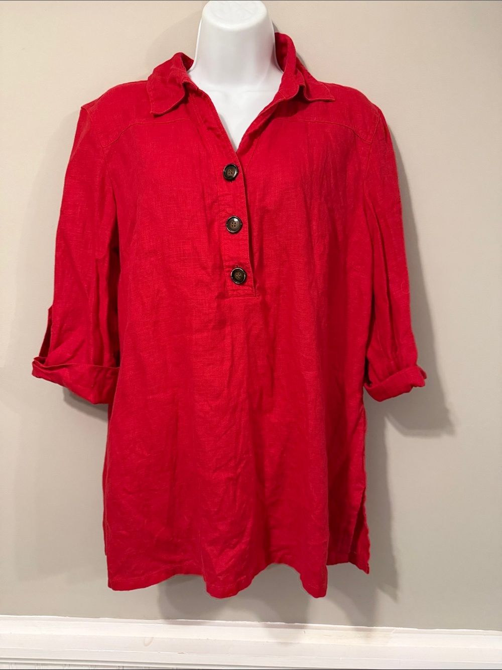 JM Collection Bright Red Button-Placket 100% Linen Tunic